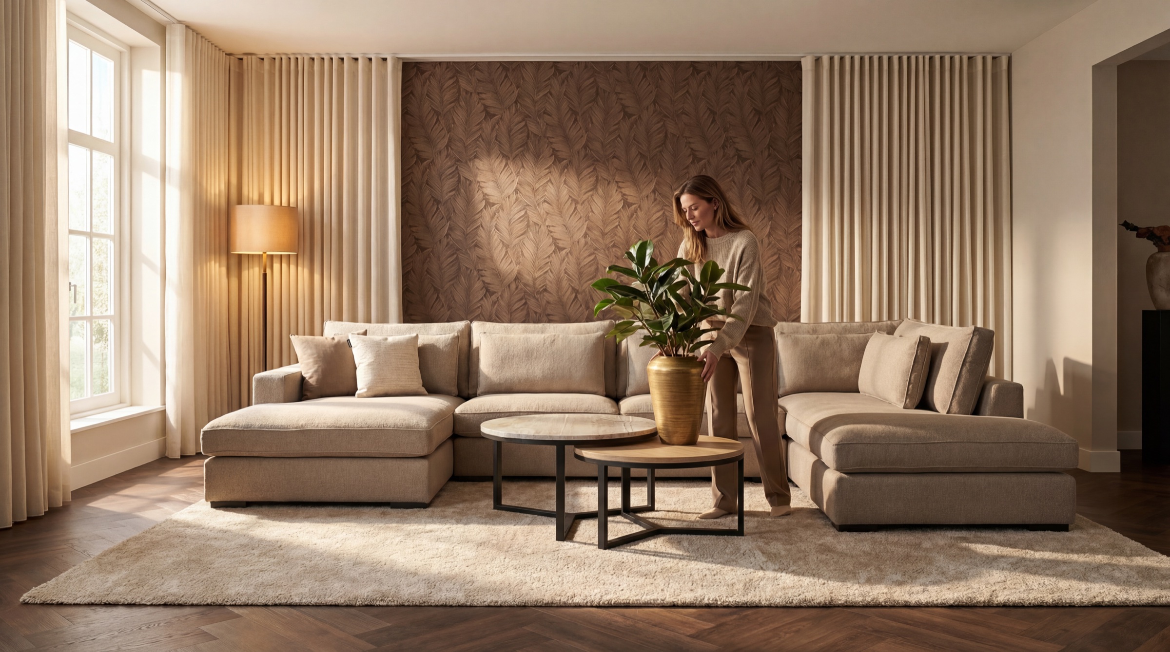 Beige hoekbank in een lichte woonkamer terwijl een vrouw een plant neerzet