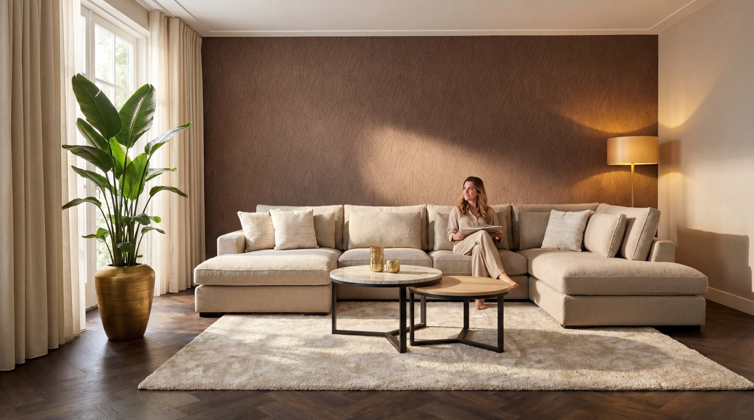 Brede lichte woonkamer met een beige hoekbank en een lezende vrouw